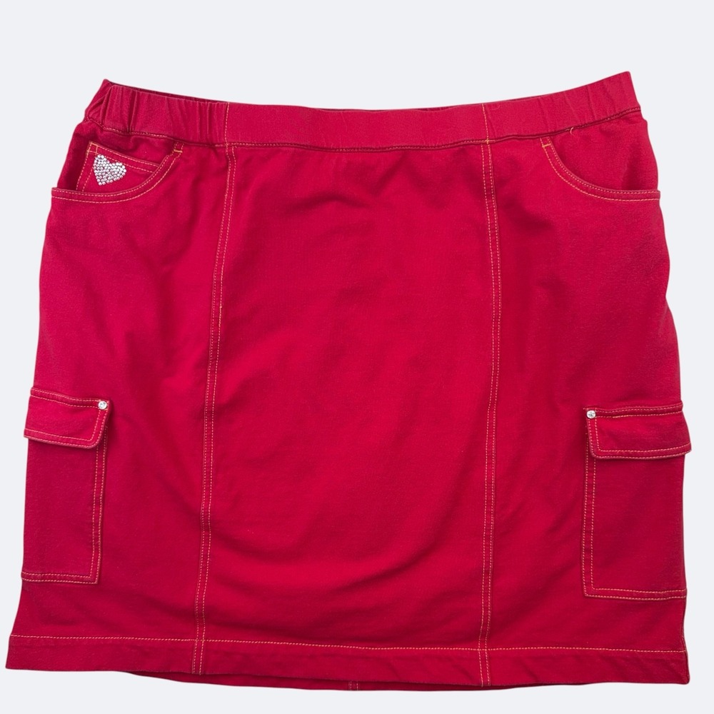 Quacker Factory Skort Womens 1X Red DreamJeannes Cargo Stretch Rhinestone